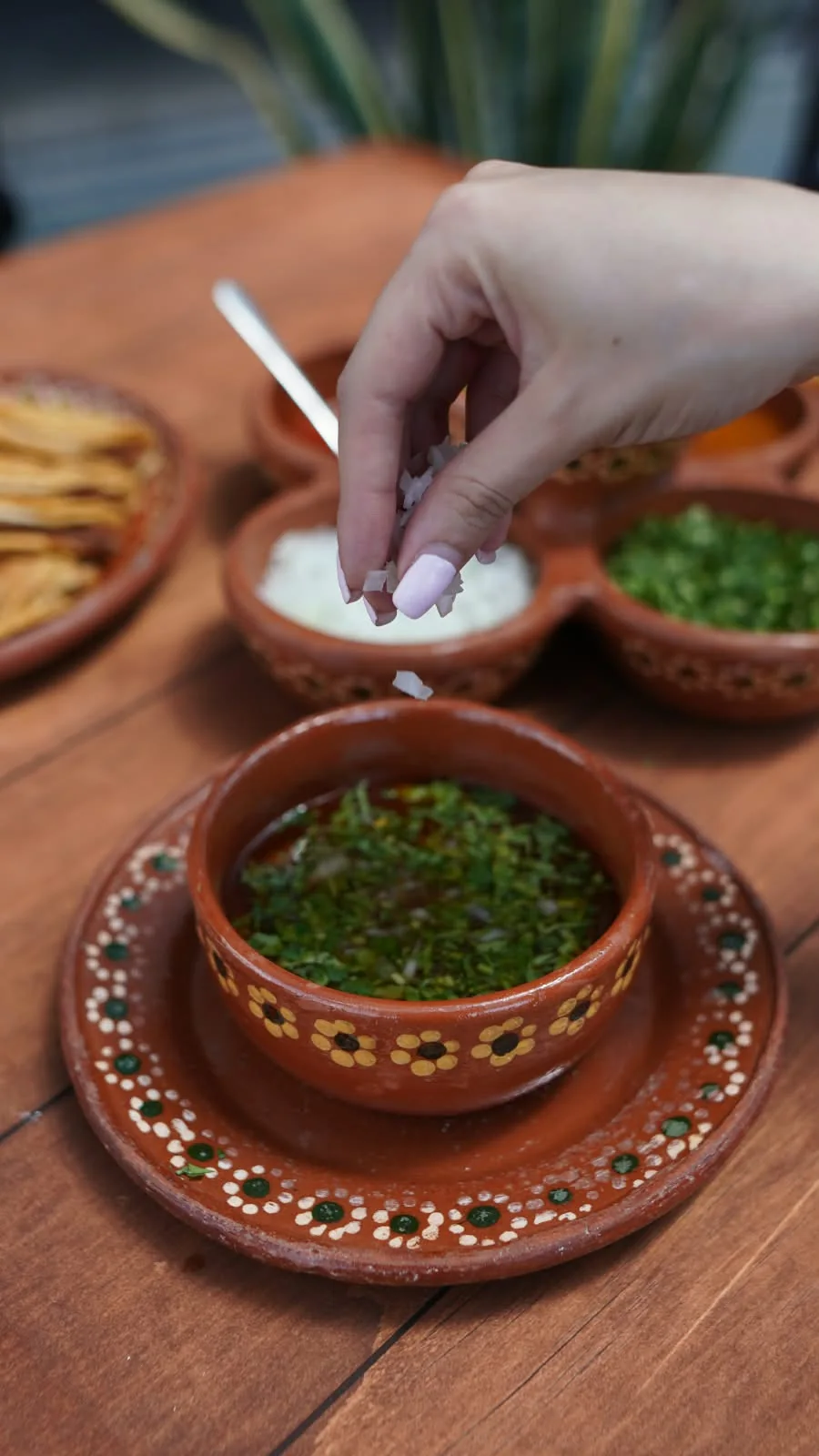 Consomé en tazón de barro, con cilantro, cebolla y limón al lado.